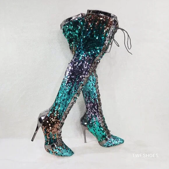 Over the Knee Thigh High Lace Up Stiletto Heel Sequin Boots Pewter - Picture 4 of 11